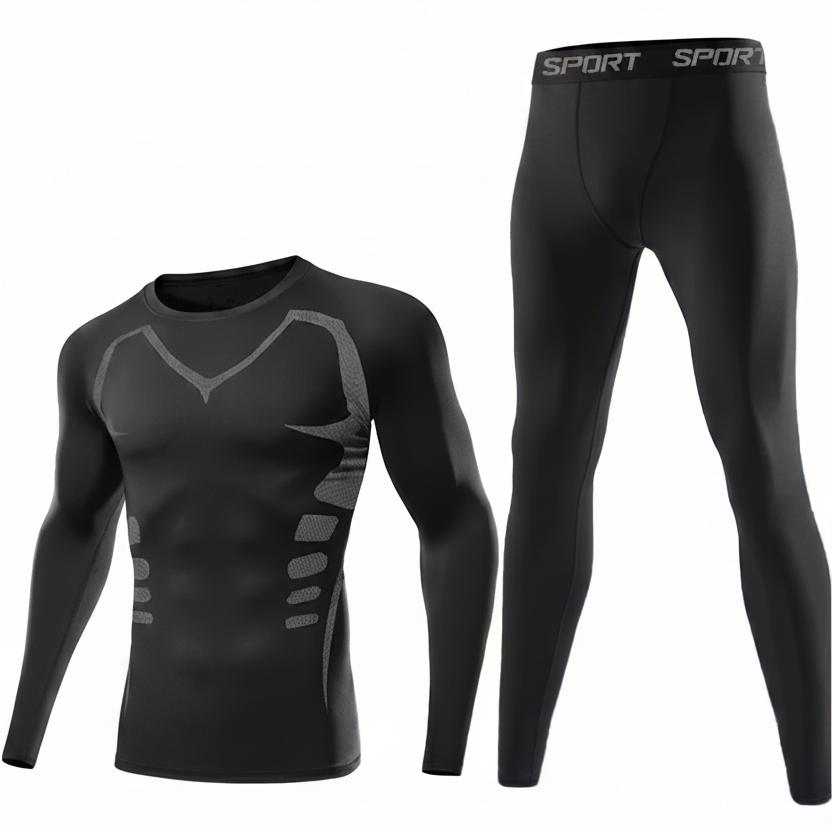 Sportliches Thermounterwäsche-Set Herren Kompressions-Shirt & Hose Schwarz
