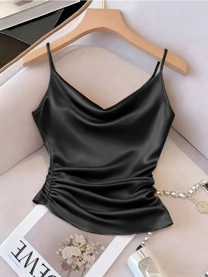 Damen Satin-Camisole mit Wasserfallausschnitt und Raffungen – Elegantes Oberteil für Abend und Party