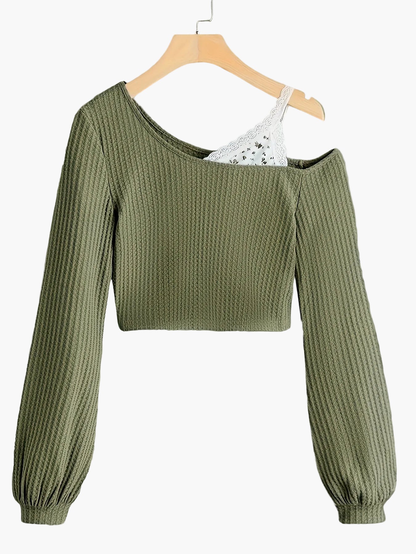 Damen Off-Shoulder Strickpullover mit Spitzen-Detail – Modischer Cropped Sweater für Alltag und Freizeit