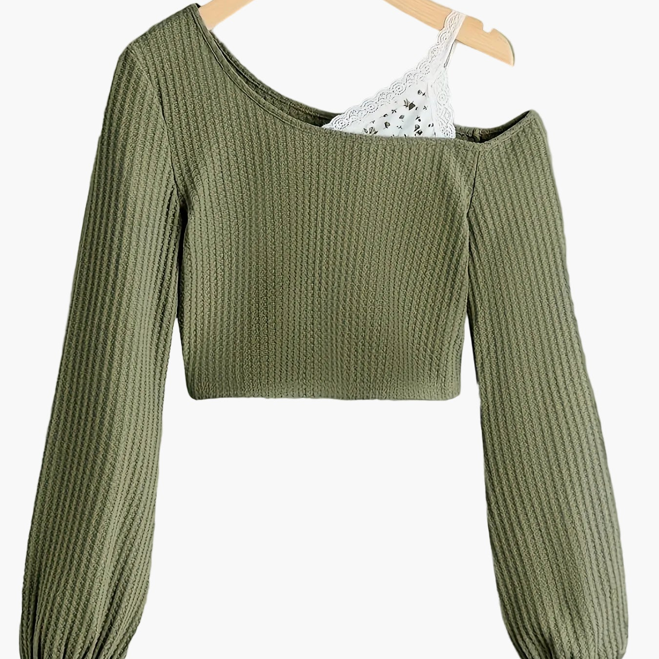 Damen Off-Shoulder Strickpullover mit Spitzen-Detail – Modischer Cropped Sweater für Alltag und Freizeit