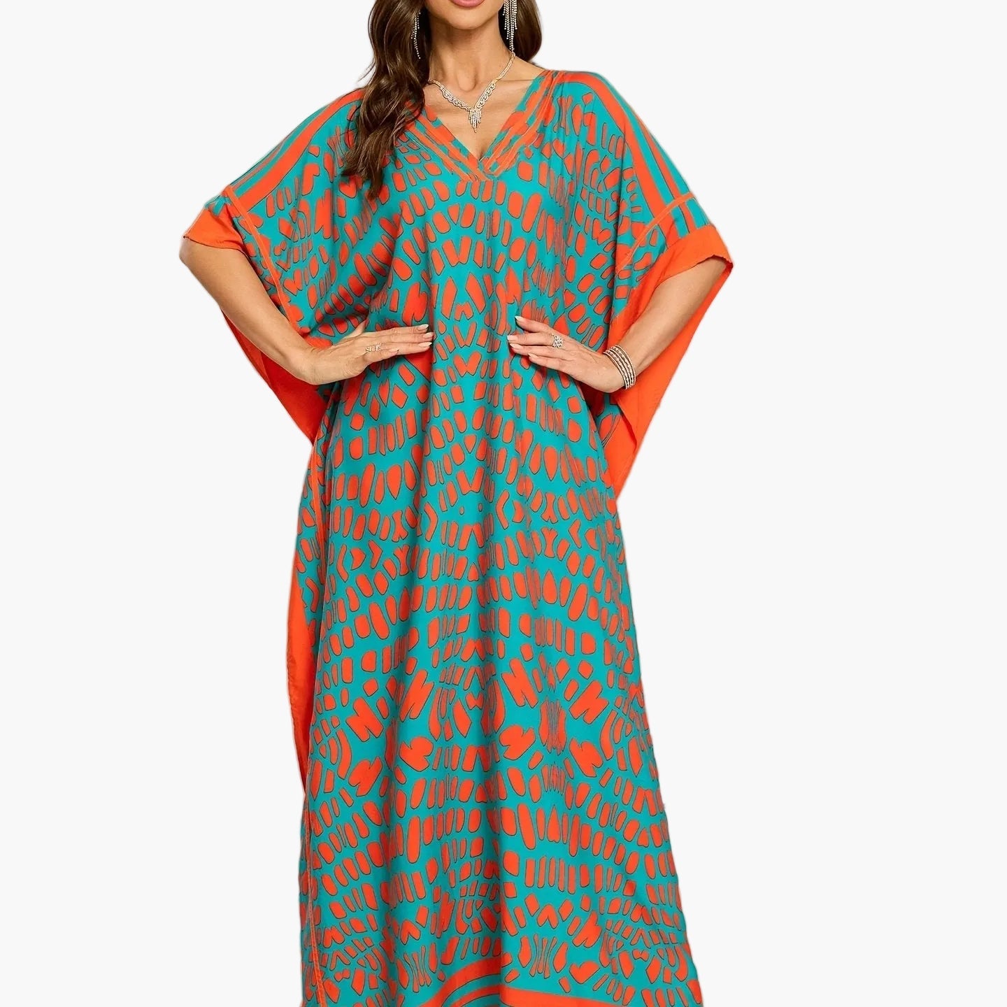 Damen Kaftan Maxikleid Boho-Stil mit V-Ausschnitt für Urlaub und Alltag