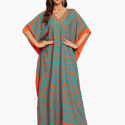 Damen Kaftan Maxikleid Boho-Stil mit V-Ausschnitt für Urlaub und Alltag