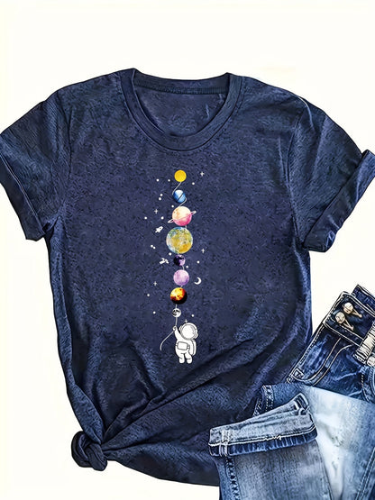 Damen T-Shirt mit Astronaut und Planeten Grafik – Stilvolles Freizeitshirt für Weltraumfans