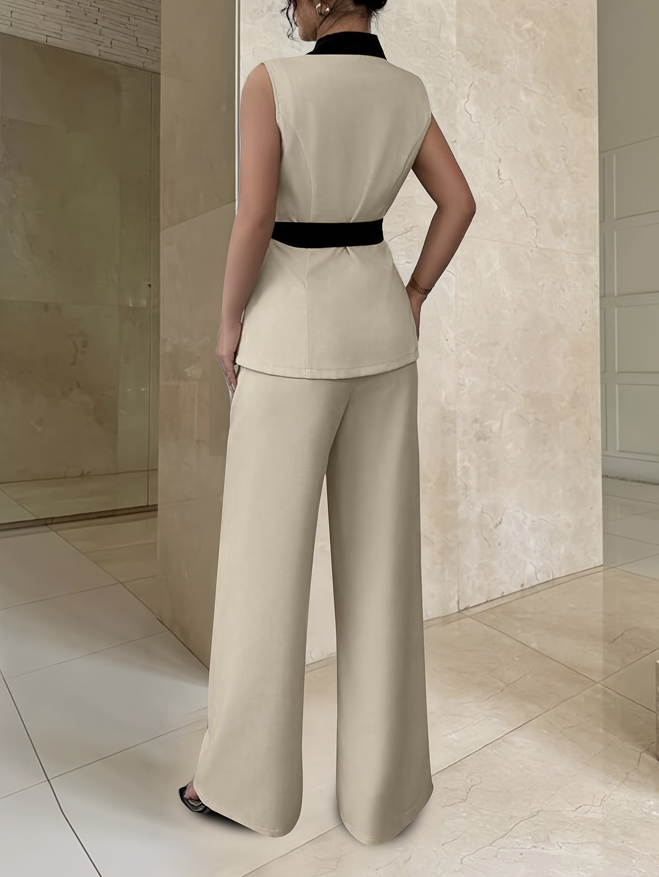 Damen Business Anzug Set – Elegantes ärmelloses Blazer-Top mit Gürtel und weiter Hose, ideal für Büro und Alltag