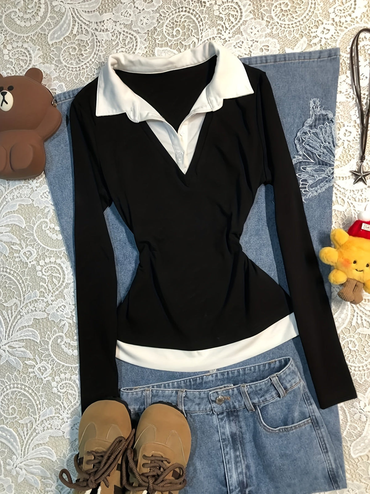 Damen Langarmshirt Schwarz Weiß mit Kragen