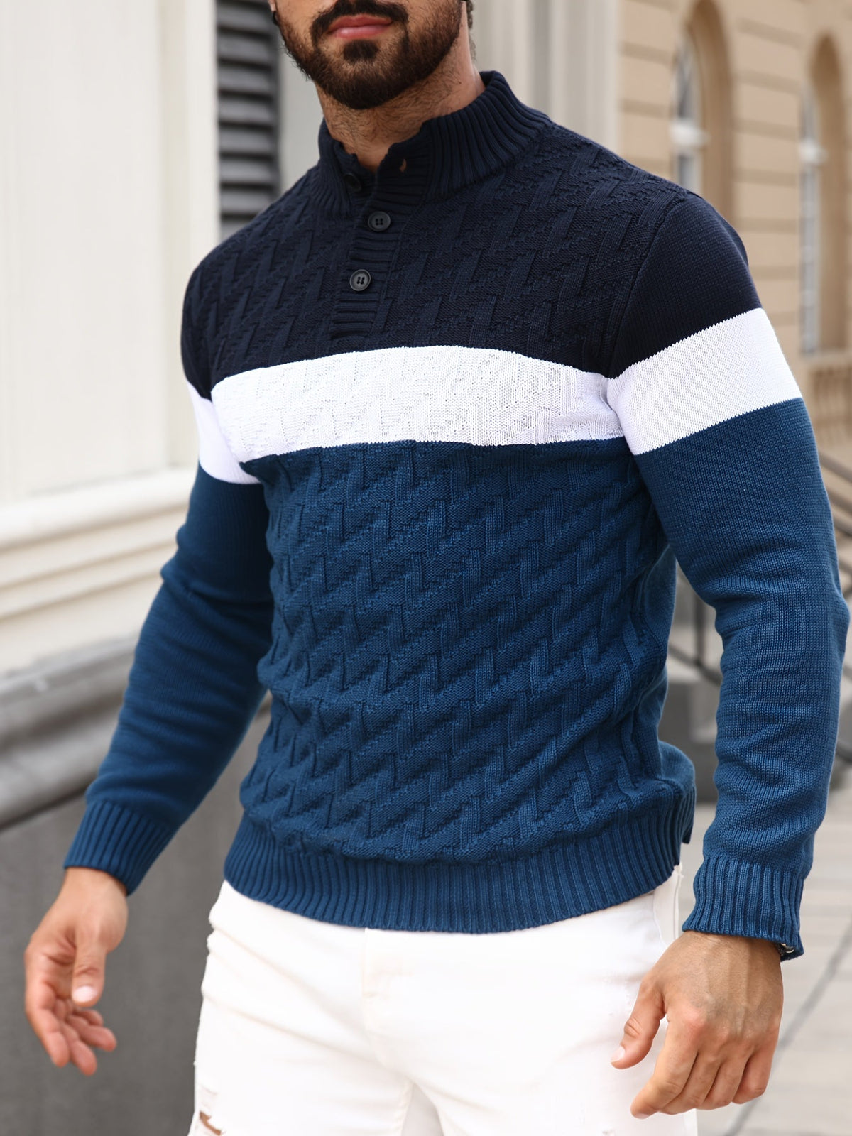 Herren Grobstrickpullover mit Stehkragen und Knopfleiste, mehrfarbig