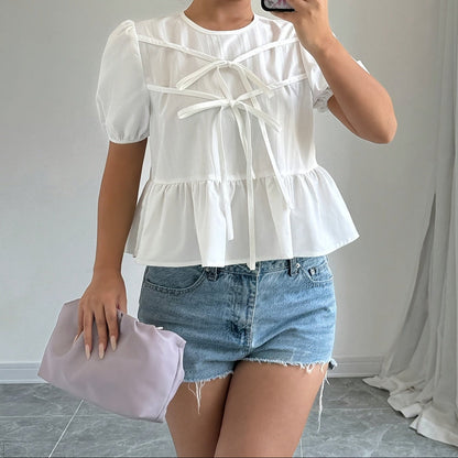 Damen Peplum-Bluse mit Puffärmeln und Schleifen – Verspielter, femininer Look für Freizeit und Alltag