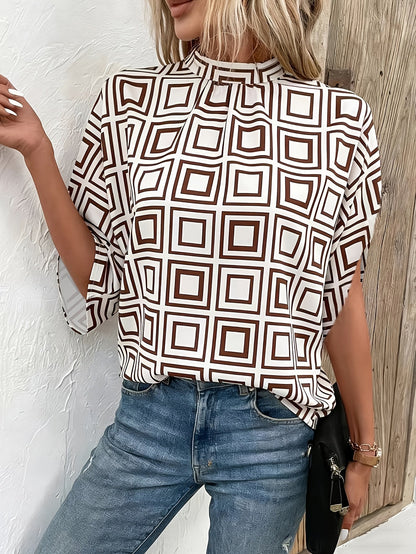 Damen Bluse mit Stehkragen und geometrischem Muster – Modischer Alltags- und Büro-Look