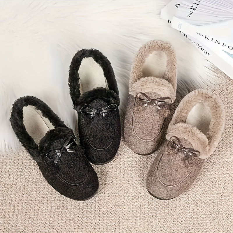 Damen Hausschuhe Plüsch Slipper mit Schleife, Schwarz