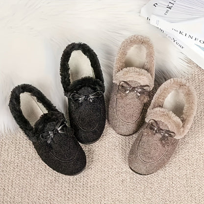 Damen Hausschuhe Plüsch Slipper mit Schleife, Schwarz
