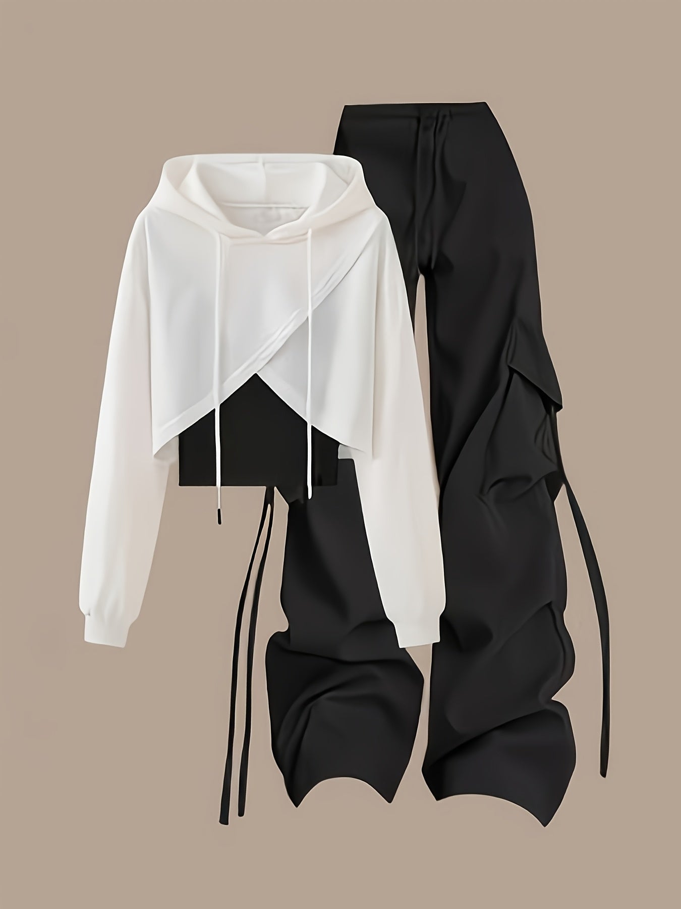 Damen Hoodie Crop Top Set Weiß Schwarz mit Cargo Hose und Kordelzug