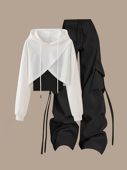 Damen Hoodie Crop Top Set Weiß Schwarz mit Cargo Hose und Kordelzug