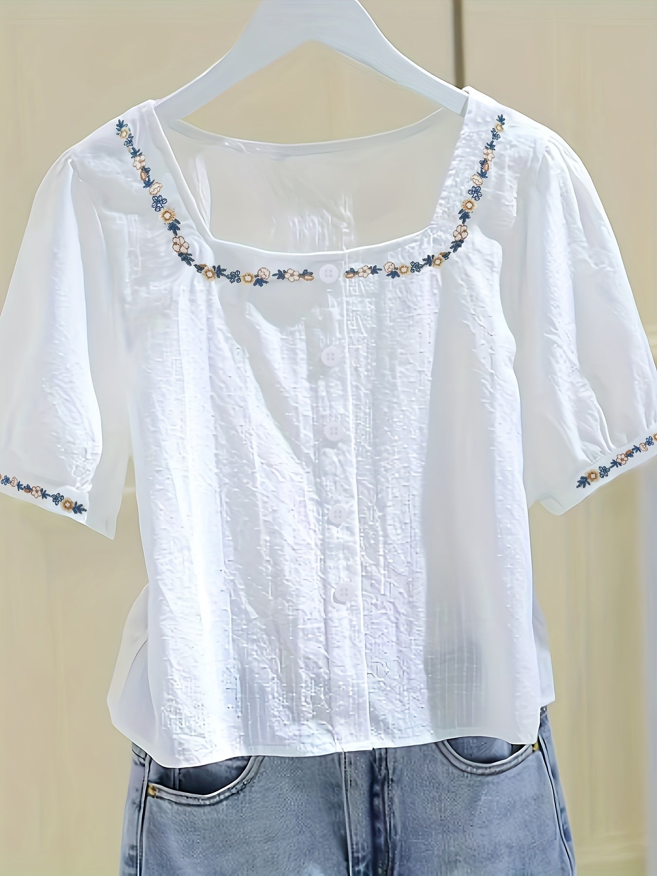 Damen Bluse elegant mit Stickerei und Quadratkragen – Sommer Freizeit Oberteil