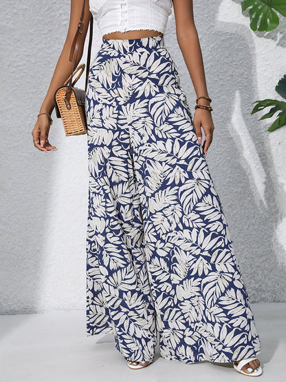Damen Sommer Palazzo-Hose mit weitem Bein und tropischem Blätterprint – Perfekt für Strand und Freizeit