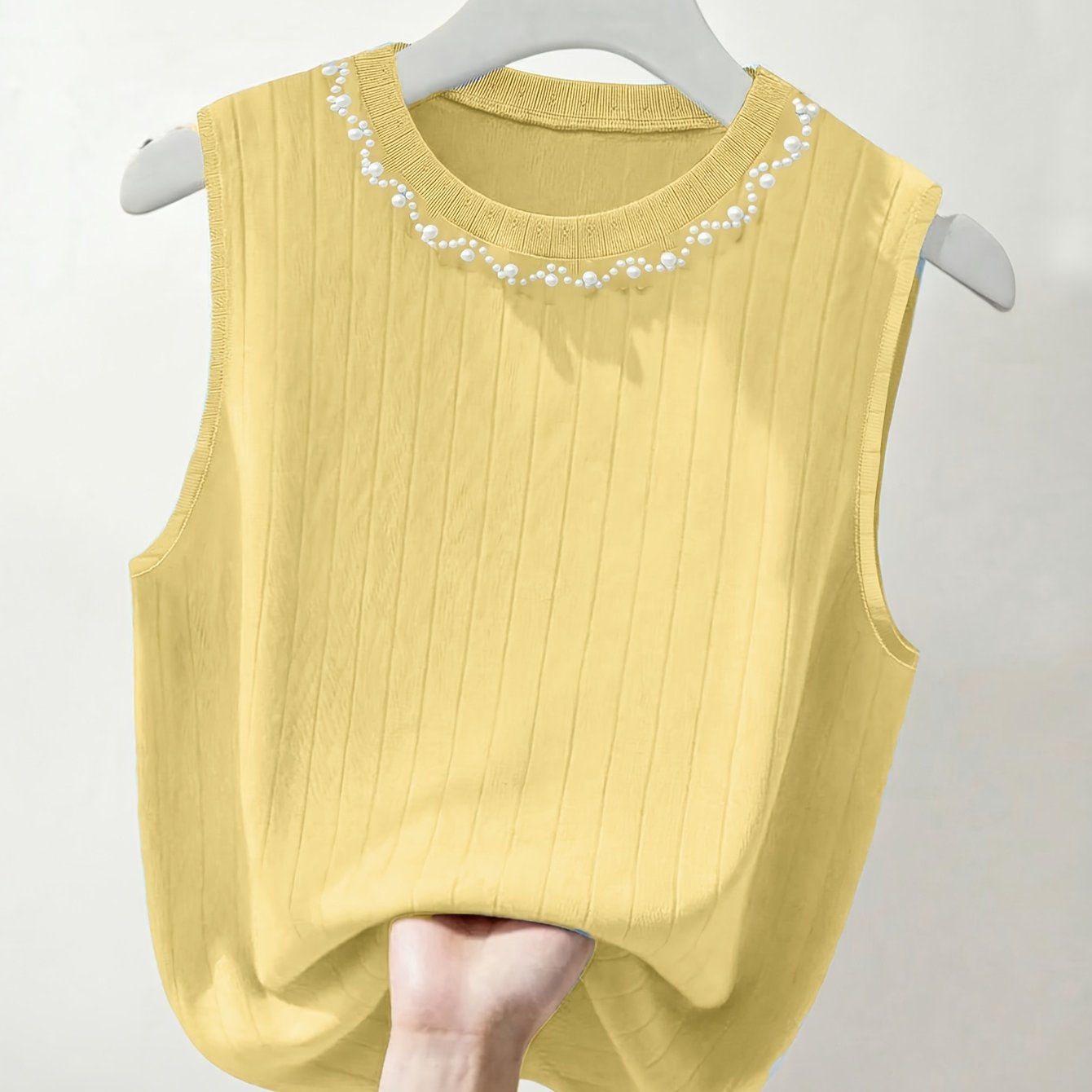 Damen Elegantes Stricktop mit Perlenbesatz – Ärmelloses Oberteil für modische Anlässe