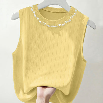 Damen Elegantes Stricktop mit Perlenbesatz – Ärmelloses Oberteil für modische Anlässe