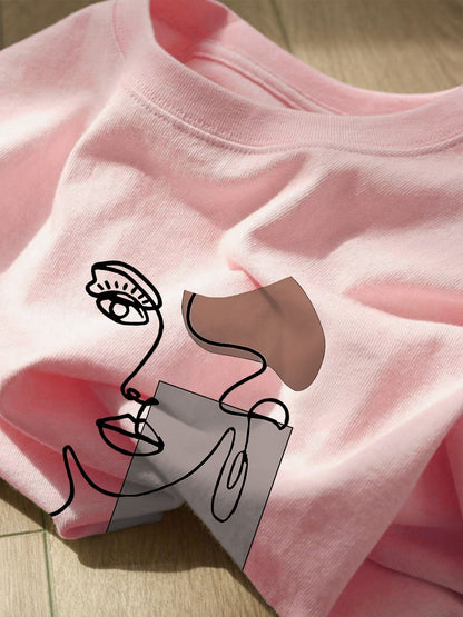 Damen T-Shirt mit abstraktem Gesicht Print – Modernes Kunst Design, Freizeitstil, ideal für Alltag und Streetwear