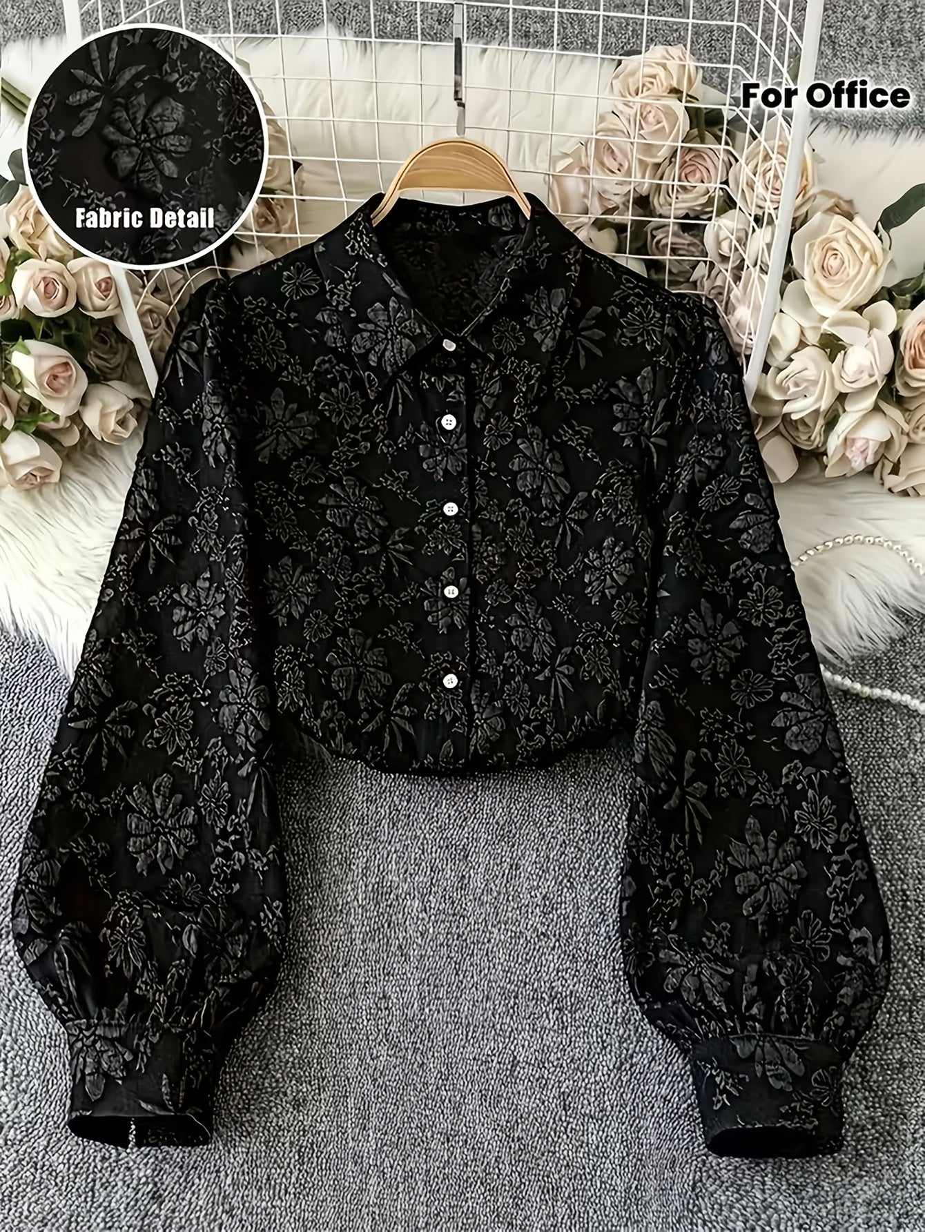 Damen Crop Bluse Schwarz Langarm Blumenmuster Strukturiert