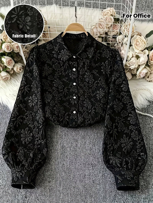 Damen Crop Bluse Schwarz Langarm Blumenmuster Strukturiert