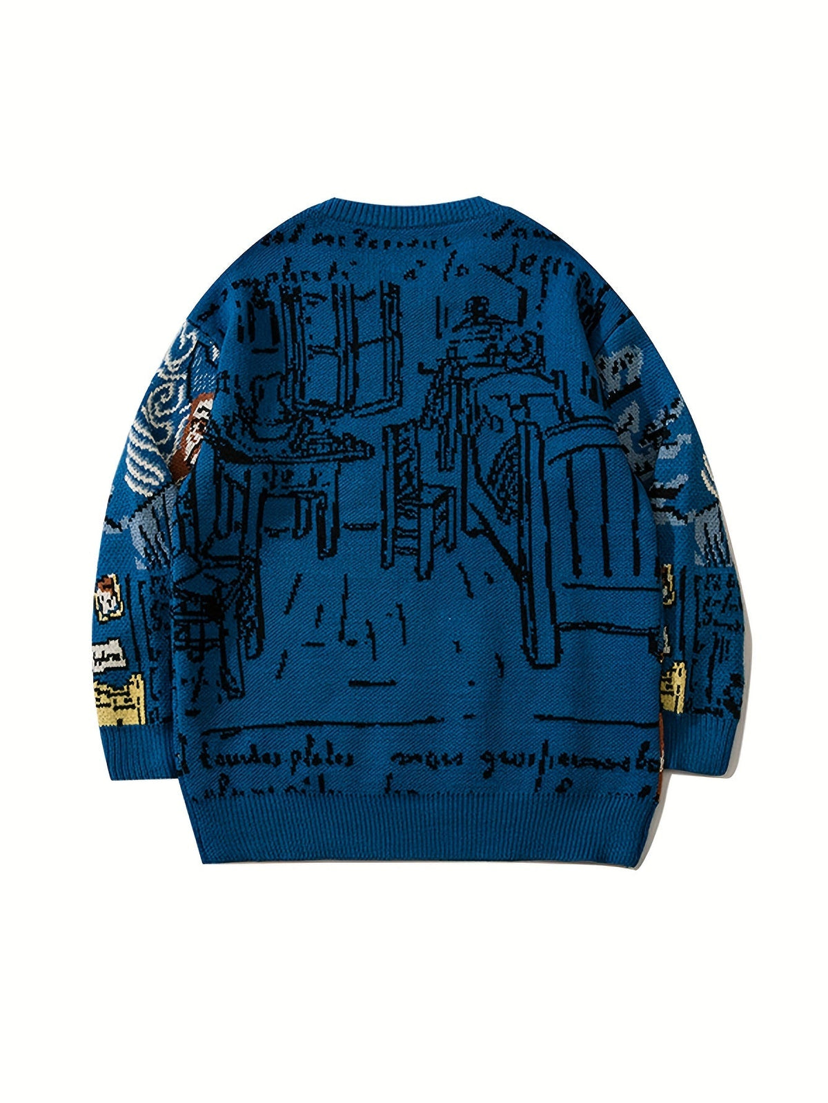 Blauer Strickpullover mit künstlerischem Muster und Rundhalsausschnitt