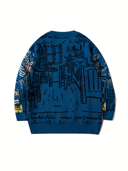 Blauer Strickpullover mit künstlerischem Muster und Rundhalsausschnitt