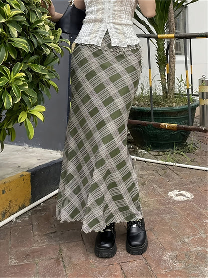 Damen Maxirock im Karierten Vintage-Stil – Elegant, Alltag & Freizeit