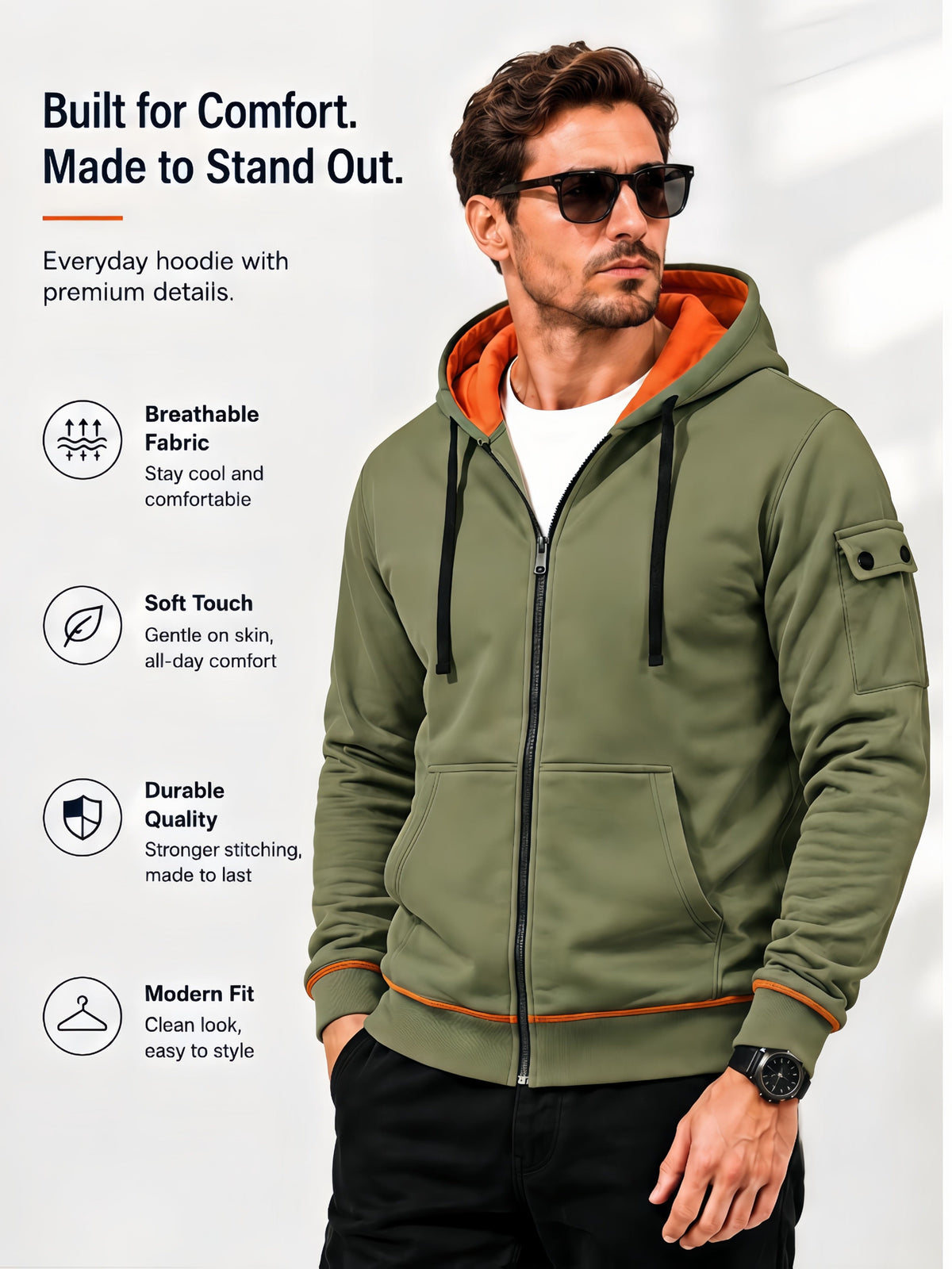 Herren Kapuzenjacke mit Reißverschluss und Kontrastfutter, Ärmeltasche