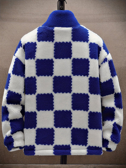 Unisex Teddyfleece Jacke mit Stehkragen und Schachbrettmuster
