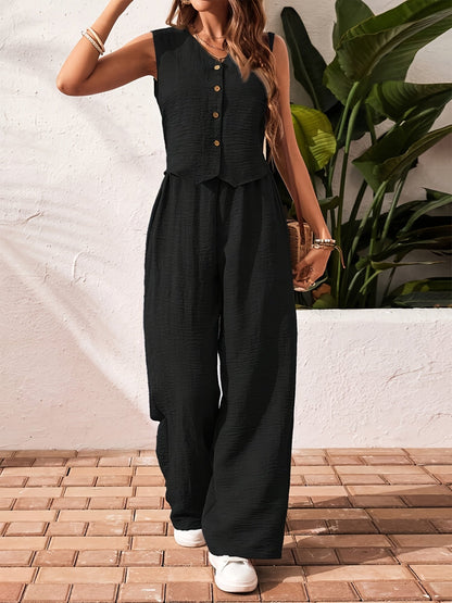 Damen Zweiteiler Jumpsuit mit Weste und Knopfleiste – Eleganter Sommeranzug für Alltag und Urlaub