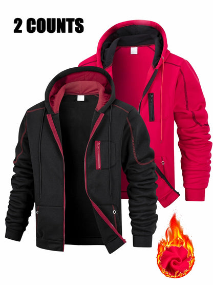 Herren Hoodie mit Reißverschluss 2er-Set, Kontrastnähte & Kapuze, Sport Freizeit