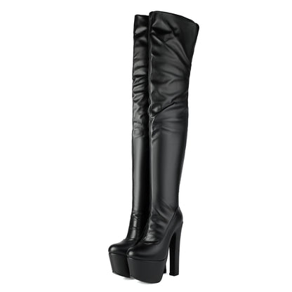 Overknee-Stiefel Damen mit Plateau und Blockabsatz Schwarz Glänzend
