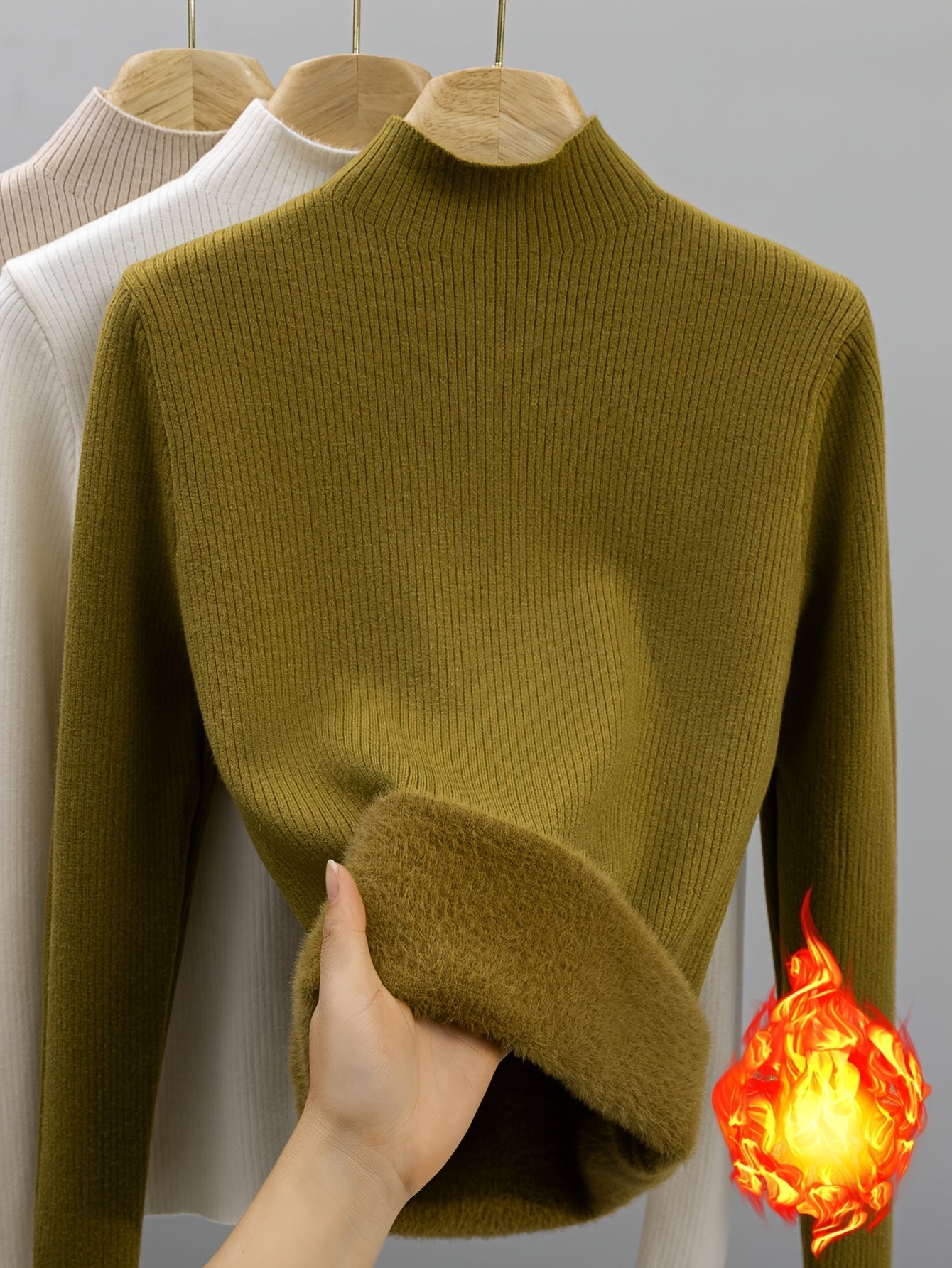 Damen Rippstrick Pullover Stehkragen mit flauschigem Innenfutter Beige