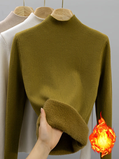 Damen Rippstrick Pullover Stehkragen mit flauschigem Innenfutter Beige