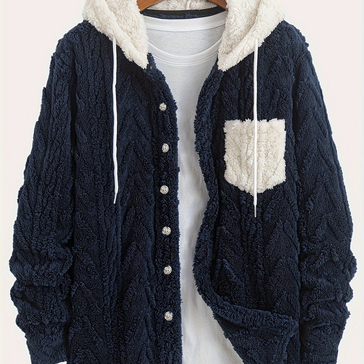 Herren Plüschjacke mit Kapuze, Knopfverschluss und Brusttasche – Marineblau