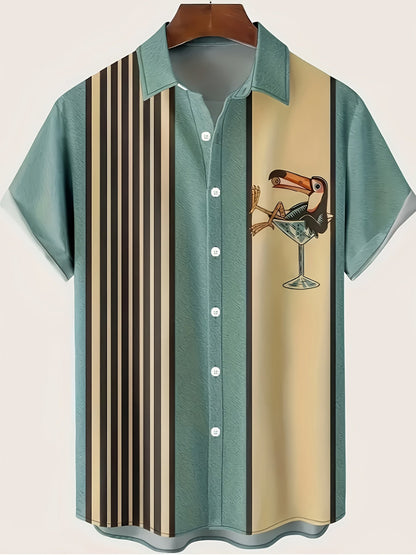 Herren Retro Strandhemd mit tropischem Print und Streifen – Perfekt für Urlaub und Sommer