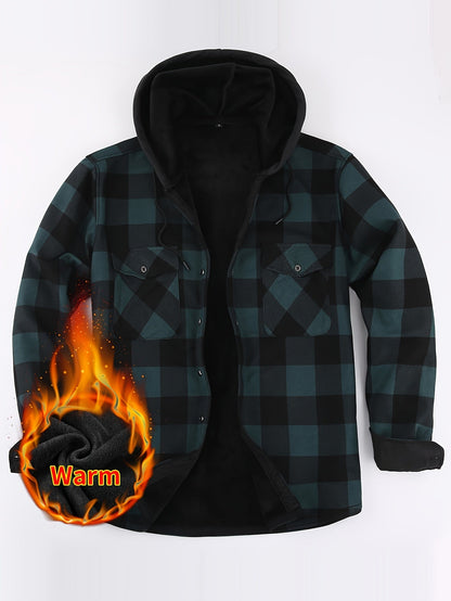 Herren Kariertes Hemdjacke mit Kapuze Gefüttert Warm Grün Schwarz