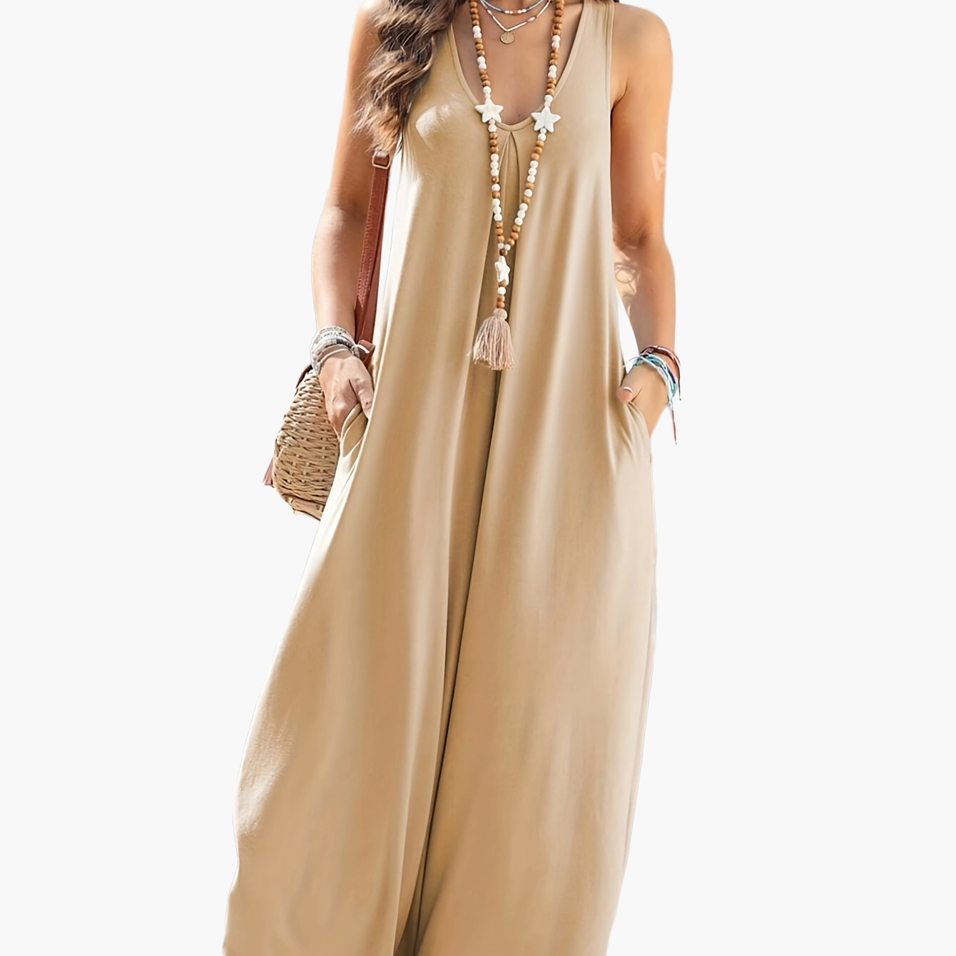 Damen Weites Sommer-Jumpsuit mit V-Ausschnitt und Taschen – Lässiger Einteiler für Alltag und Urlaub