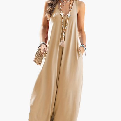Damen Weites Sommer-Jumpsuit mit V-Ausschnitt und Taschen – Lässiger Einteiler für Alltag und Urlaub
