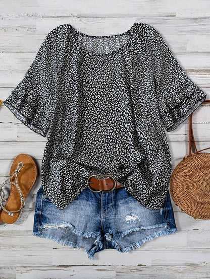 Damen Leopard Print Bluse im Urlaubsstil mit Rüschen und Jeansshorts-Set – Perfekt für Sommer und Freizeit