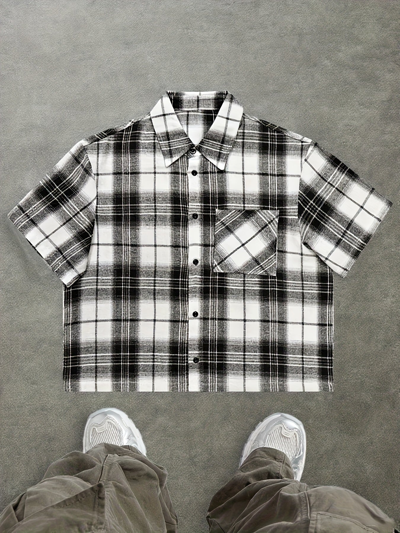 Herren Oversize Karohemd Kurzarm Streetwear Freizeitstil