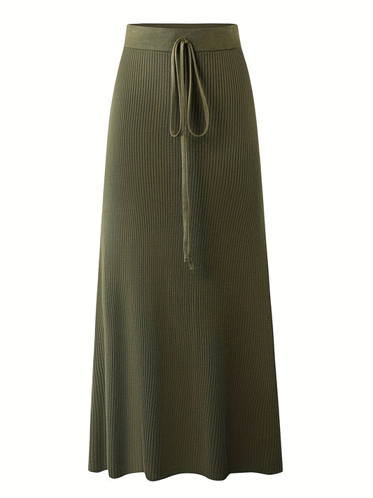 Damen Rippenstrick Maxirock mit Bindegürtel – Eleganter Freizeit- und Büro-Look
