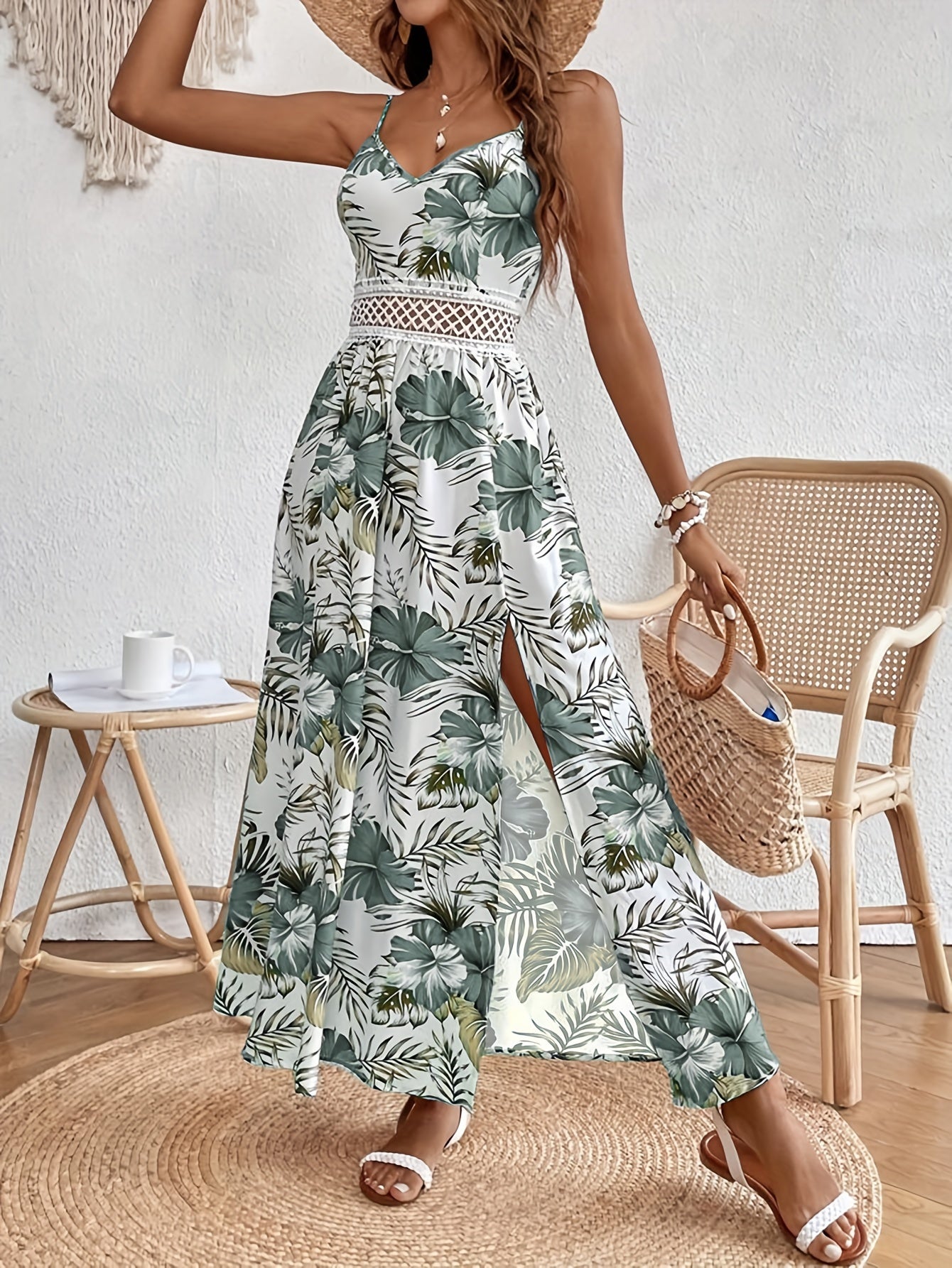 Damen Sommer Maxikleid Elegant mit Blumenmuster und Spaghettiträgern – Perfekt für Urlaub und Freizeit