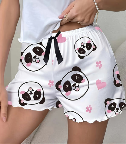 Damen Schlafshorts mit Panda-Motiv und Schleife – Süße Pyjamashorts für gemütliche Nächte