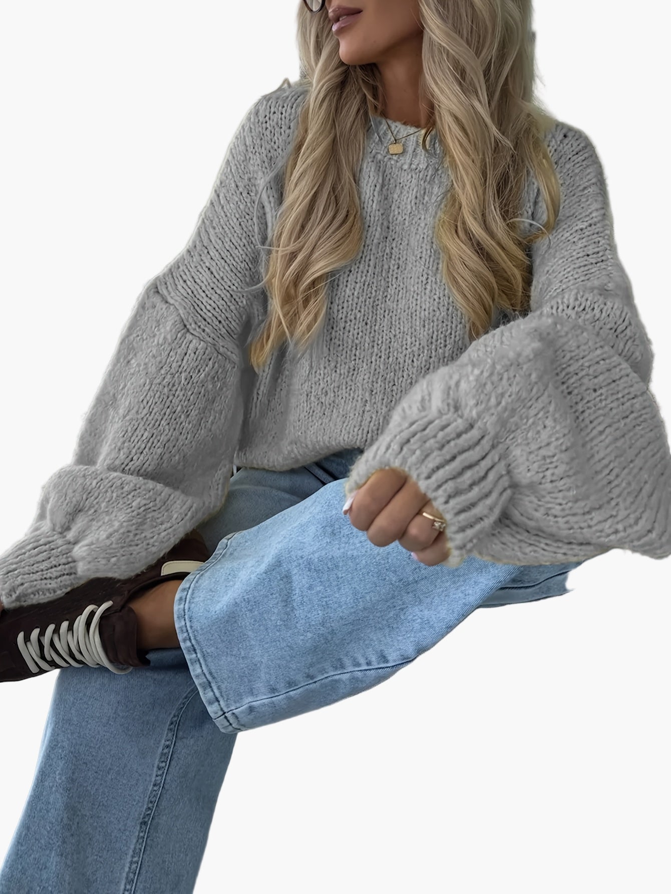 Damen Grobstrick Pullover mit Ballonärmeln für Herbst und Winter – Lässiger Strickpullover