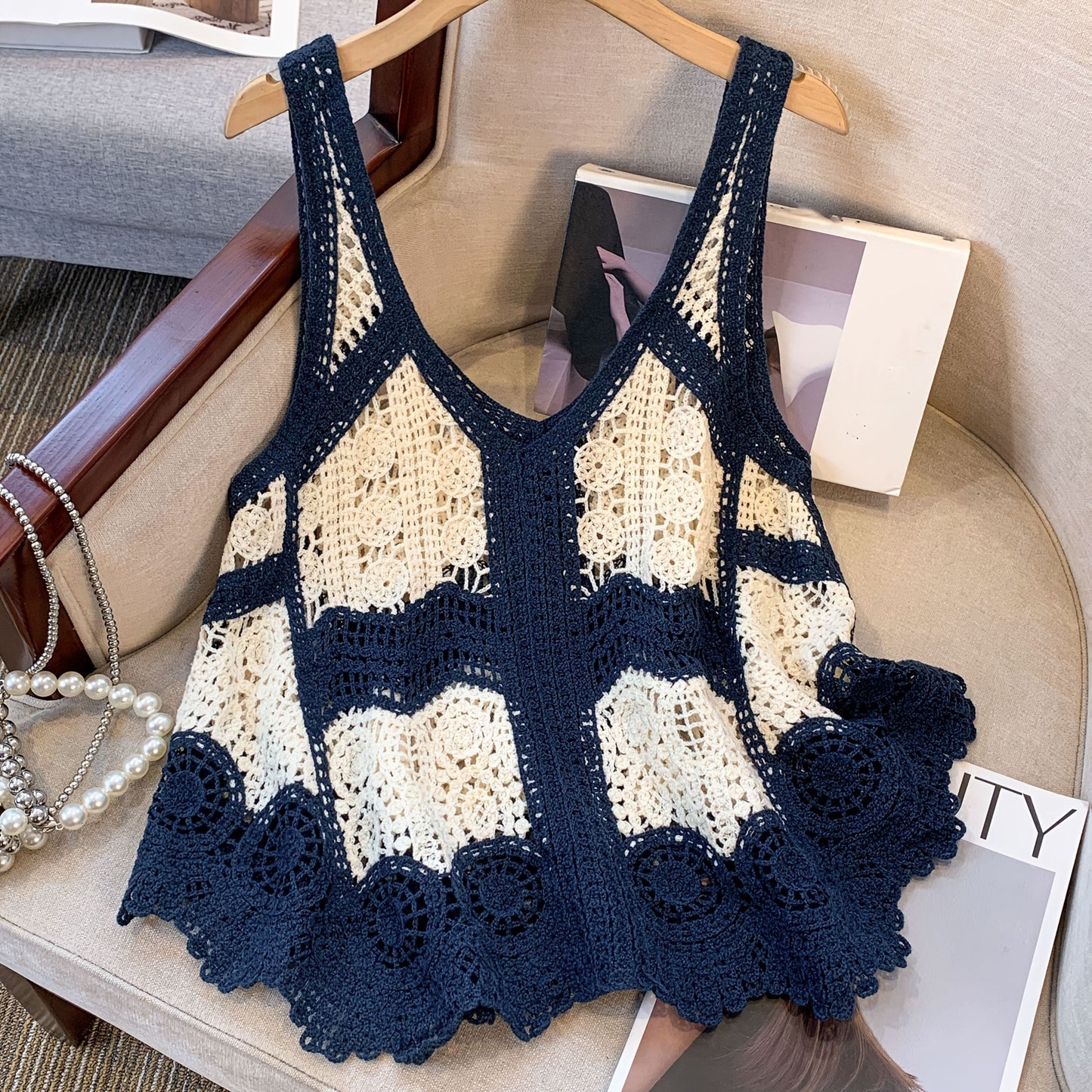 Damen Häkel-Top im Boho-Stil, ärmellos, modisch für Freizeit und Strand