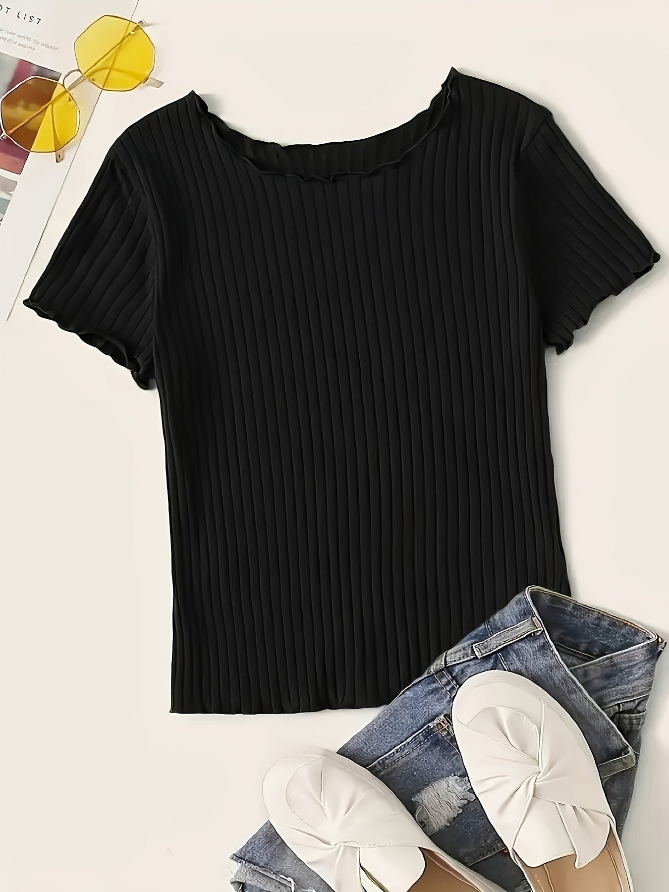 Damen Basic Kurzarm Rippen-Shirt mit Wellenkante – Stilvolles Freizeit- & Büro-Oberteil