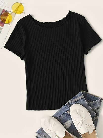Damen Basic Kurzarm Rippen-Shirt mit Wellenkante – Stilvolles Freizeit- & Büro-Oberteil