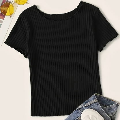 Damen Basic Kurzarm Rippen-Shirt mit Wellenkante – Stilvolles Freizeit- & Büro-Oberteil