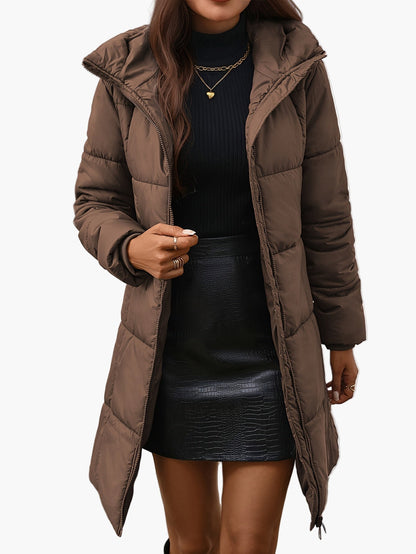 Women's Elegant Long Walrus Jacket - Winter Warm Full-Zip Lightweight Coat with Pockets, Mid-Length Length, Solid Color Casual Outerwear for Cold Weather (Machine Washable)