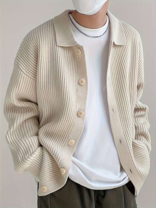 Gerippte Strickjacke mit Kragen für Herren – Beige, Schwarz, Grün